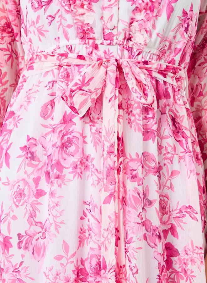 Styli  Women Pink Chiffon Floral 3/4th Sleeves Maxi Dress for Women | Best Price UAE